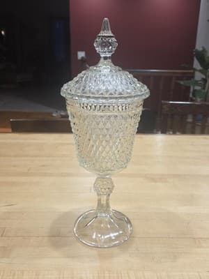 Vintage Indiana Glass Diamond Point Clear Apothecary Jar Tall Candy Dish 15.5