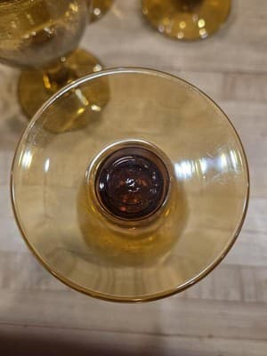 Vintage MCM Amber Hand Blown Bubble Glass Wine Goblets Set of 6 Teardrop Stem - Thumbnail 4