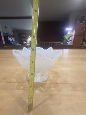 Antique Dugan Glass Wheel and Block White Opalescent Star Ruffled Bowl 1905 - Thumbnail 6