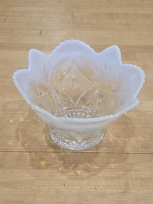 Antique Dugan Glass Wheel and Block White Opalescent Star Ruffled Bowl 1905 - Thumbnail 2