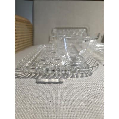Vintage Anchor Hocking Colonial Lady Snack Set 4 Trays 4 Cups MCM Clear Glass - Thumbnail 3