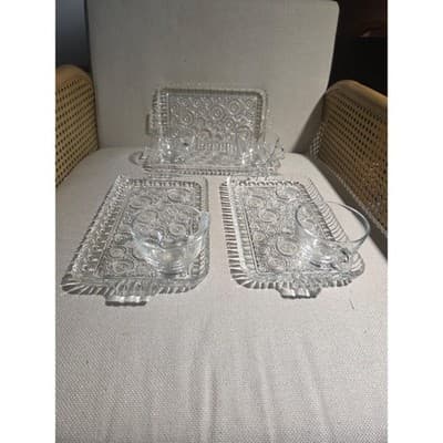 Vintage Anchor Hocking Colonial Lady Snack Set 4 Trays 4 Cups MCM Clear Glass - Thumbnail 5