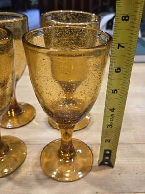 Vintage MCM Amber Hand Blown Bubble Glass Wine Goblets Set of 6 Teardrop Stem - Thumbnail 5