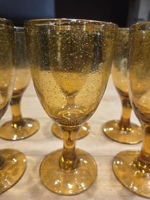 Vintage MCM Amber Hand Blown Bubble Glass Wine Goblets Set of 6 Teardrop Stem - Thumbnail 3