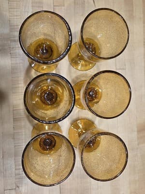 Vintage MCM Amber Hand Blown Bubble Glass Wine Goblets Set of 6 Teardrop Stem - Thumbnail 2