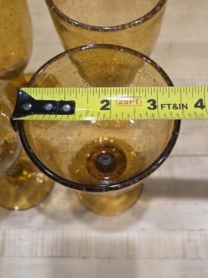 Vintage MCM Amber Hand Blown Bubble Glass Wine Goblets Set of 6 Teardrop Stem - Thumbnail 6