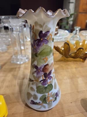 Antique Victorian Bristol Glass Vase, Hand-Painted, Ruffled Top, Rough Pontil"