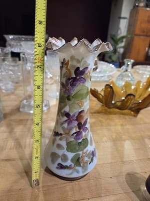 Antique Victorian Bristol Glass Vase, Hand-Painted, Ruffled Top, Rough Pontil" - Thumbnail 6
