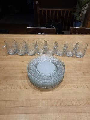 Vintage Princess House Fantasia Glass Snack Set 8 Mugs & 8 Plates 16 Pc