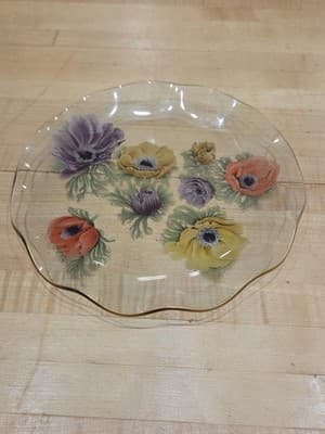 Vintage Chance Brothers Glass Anemone Floral Luncheon Plate 8.25 Gold Rim