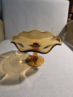 Vintage Indiana Glass Amber Teardrop 8 Ruffled Pedestal Compote Candy Bowl - Thumbnail 2