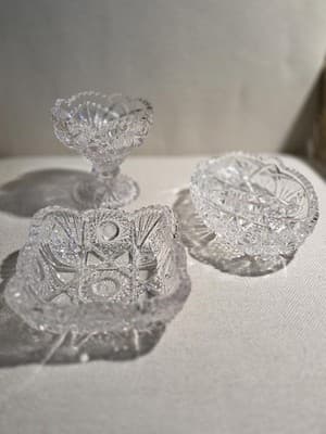 Vintage Imperial Glass Star and Cane 3 Pc Lot Bowl Pedestel Compote Dish