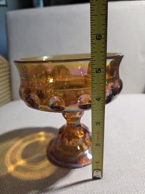 Vintage Indiana Glass Kings Crown Marigold Carnival Pedotel Candy Bowl 5