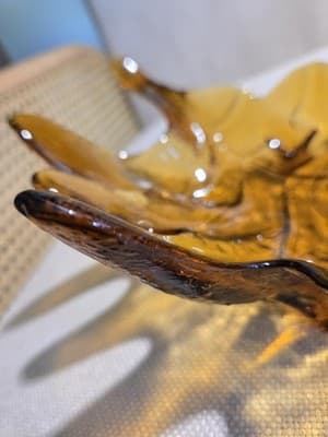 Vintage Viking Amber Glass Epic 14 Leaf 3 Footed Long Bowl Dish READ CHIP - Thumbnail 7