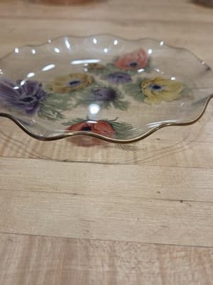 Vintage Chance Brothers Glass Anemone Floral Luncheon Plate 8.25 Gold Rim - Thumbnail 2