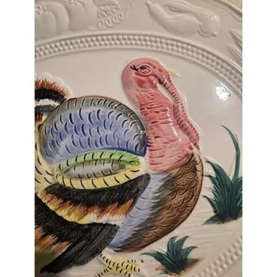 Vintage Thanksgiving Turkey Platter Large 18" Ceramic Embossed Made in Japan - Thumbnail 4