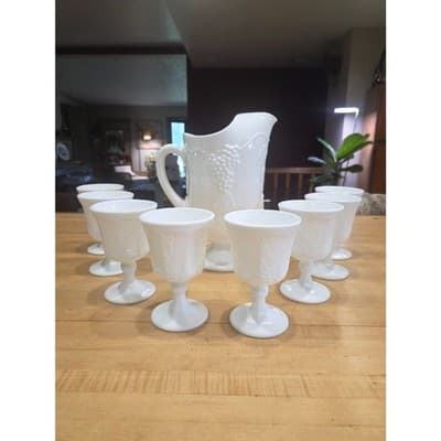 Vintage Indiana Glass Colony Harvest Grape Milk Glass Pitcher and 8 Goblets Set