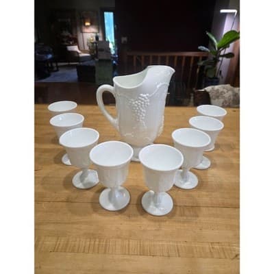 Vintage Indiana Glass Colony Harvest Grape Milk Glass Pitcher and 8 Goblets Set - Thumbnail 2