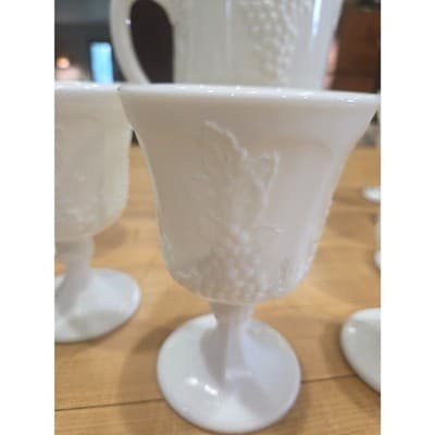 Vintage Indiana Glass Colony Harvest Grape Milk Glass Pitcher and 8 Goblets Set - Thumbnail 6
