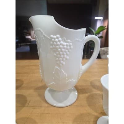 Vintage Indiana Glass Colony Harvest Grape Milk Glass Pitcher and 8 Goblets Set - Thumbnail 3