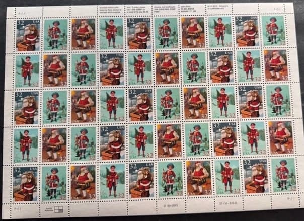 Scott #3004 -3007 Santa & Children Pane of 50 32¢ Stamps (1995)