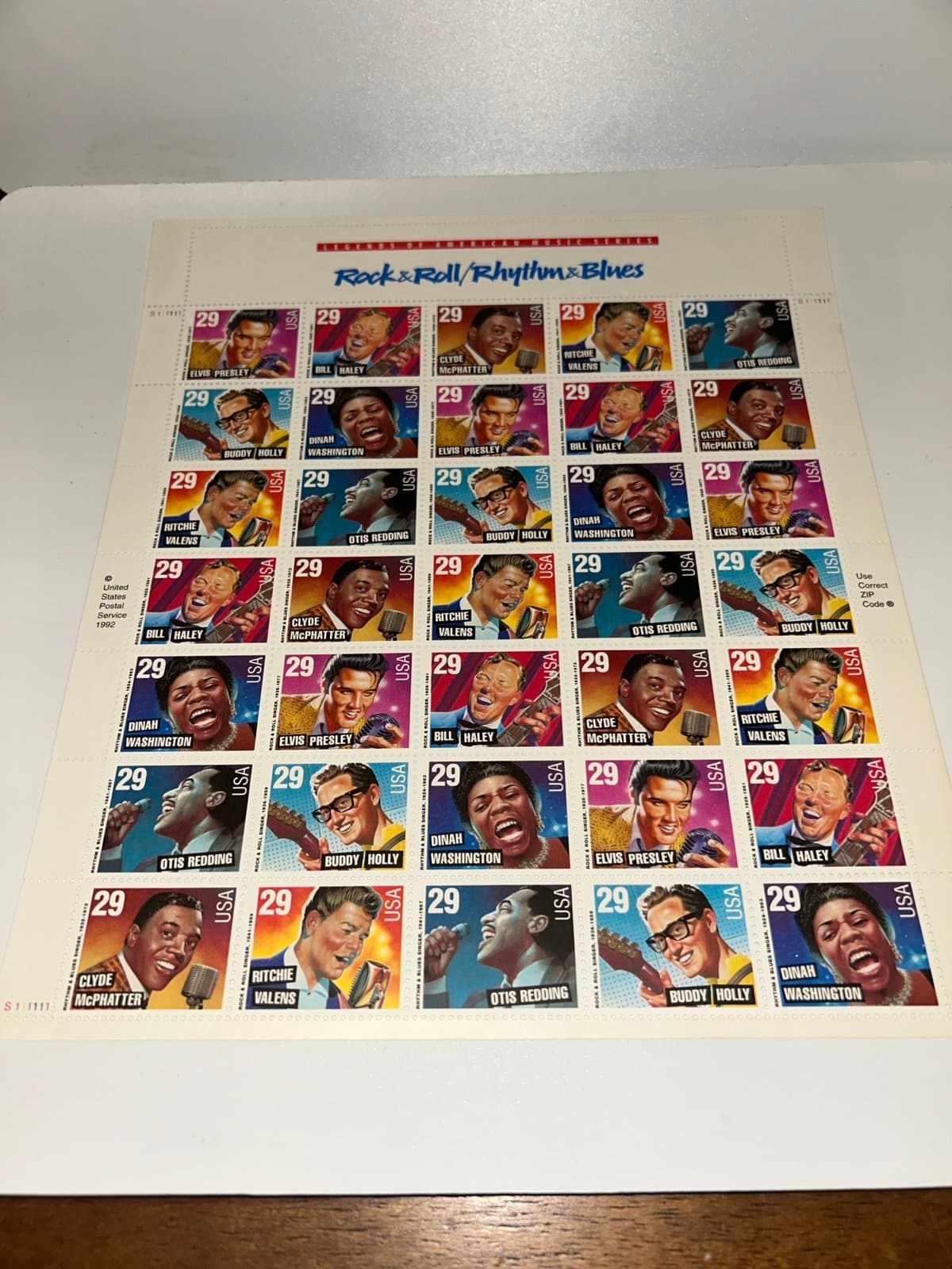 Rock & Roll Rhythm Blues Stamp Sheet 1992 Elvis Haley Holly Valens