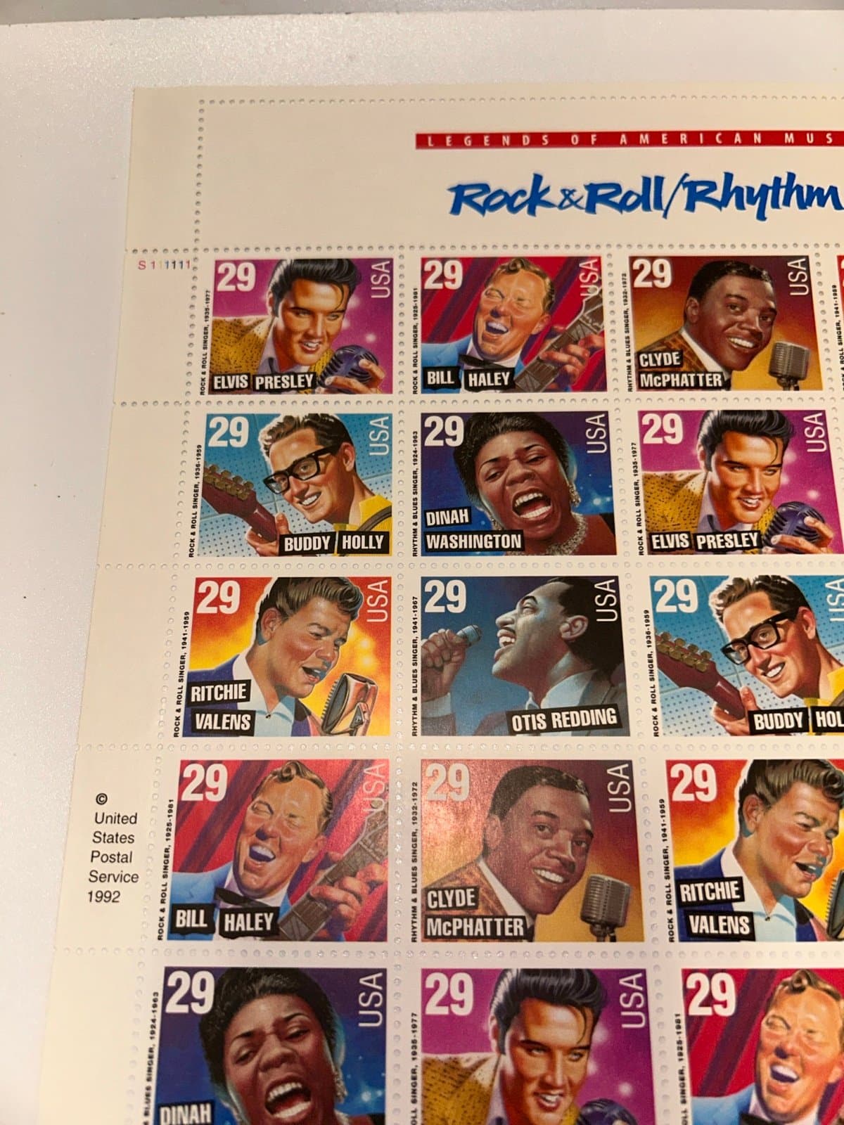 Rock & Roll Rhythm Blues Stamp Sheet 1992 Elvis Haley Holly Valens - Thumbnail 2