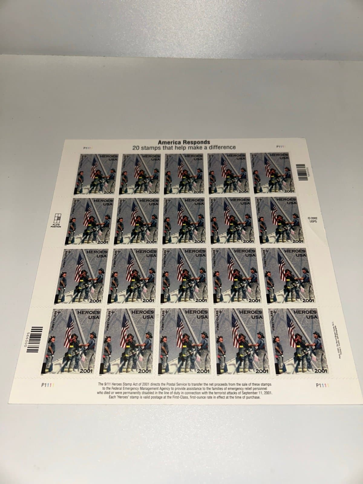 2002 Mint US Stamps First Class + America Responds Sheet of 20