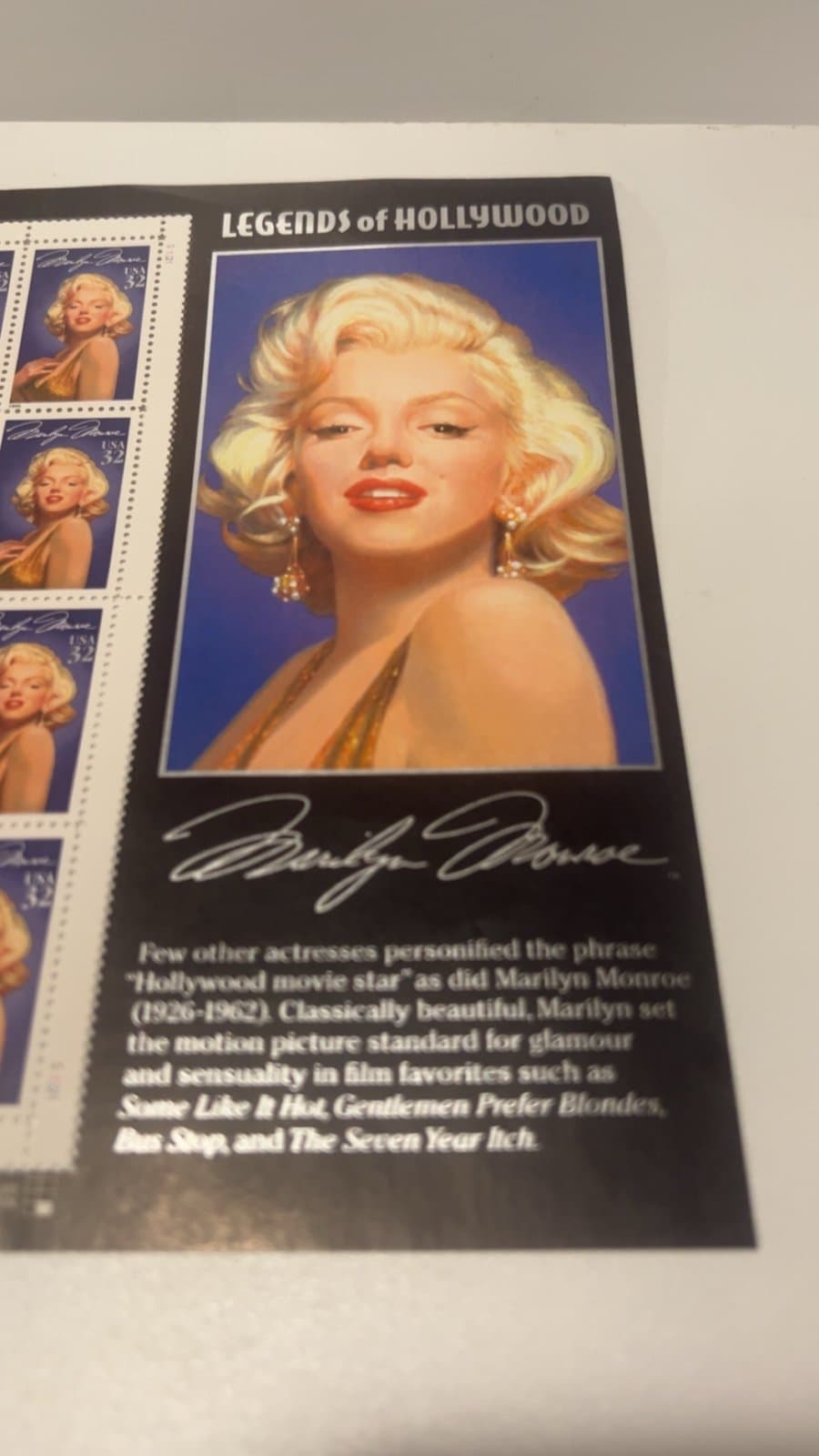 Vintage 1995 USPS Legends of Hollywood Marilyn Monroe 32¢ Stamp Sheet - Thumbnail 2