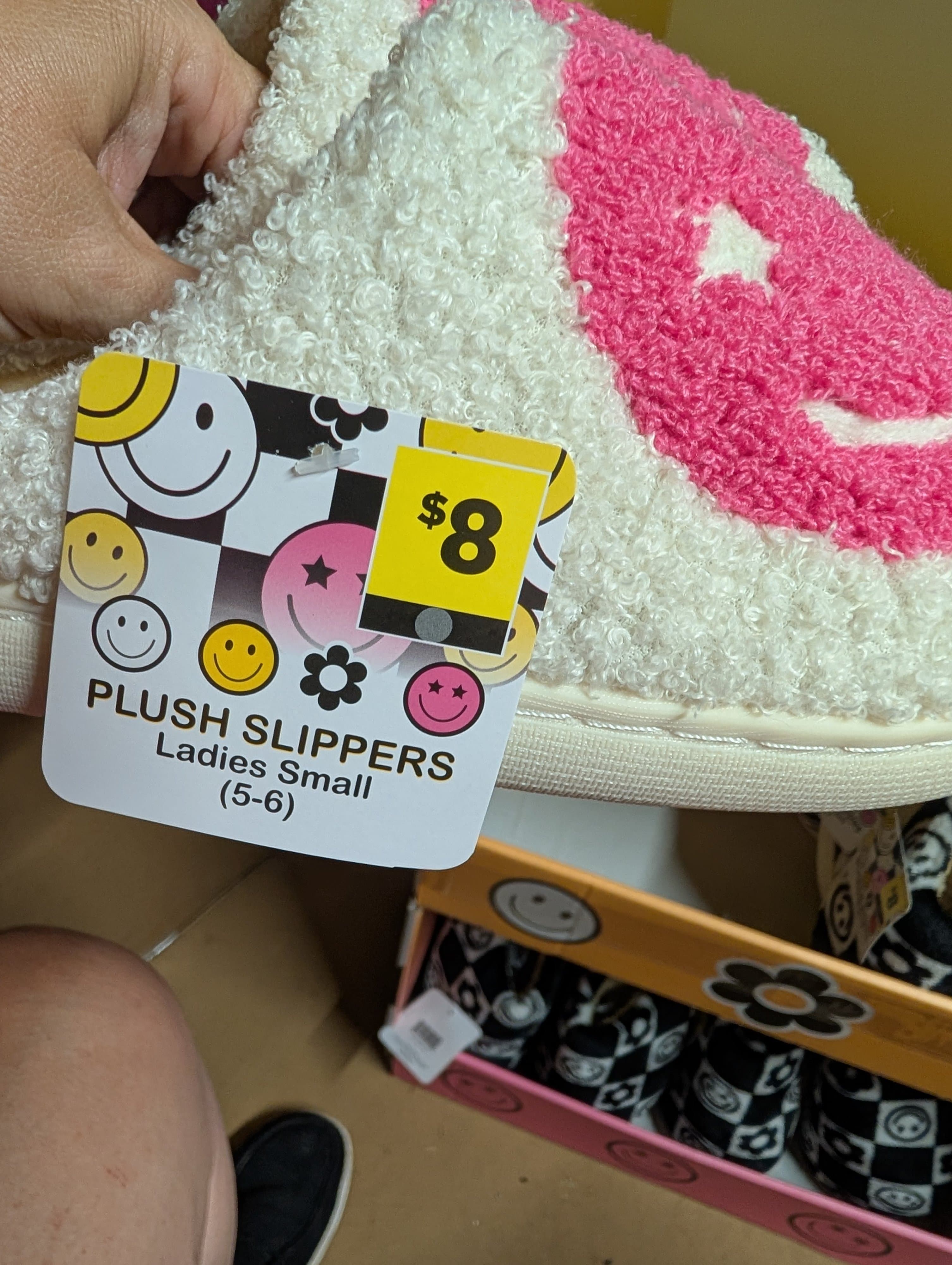 Plush Ladies Slippers Small 5-6 with Pink Smiley Design - Thumbnail 2