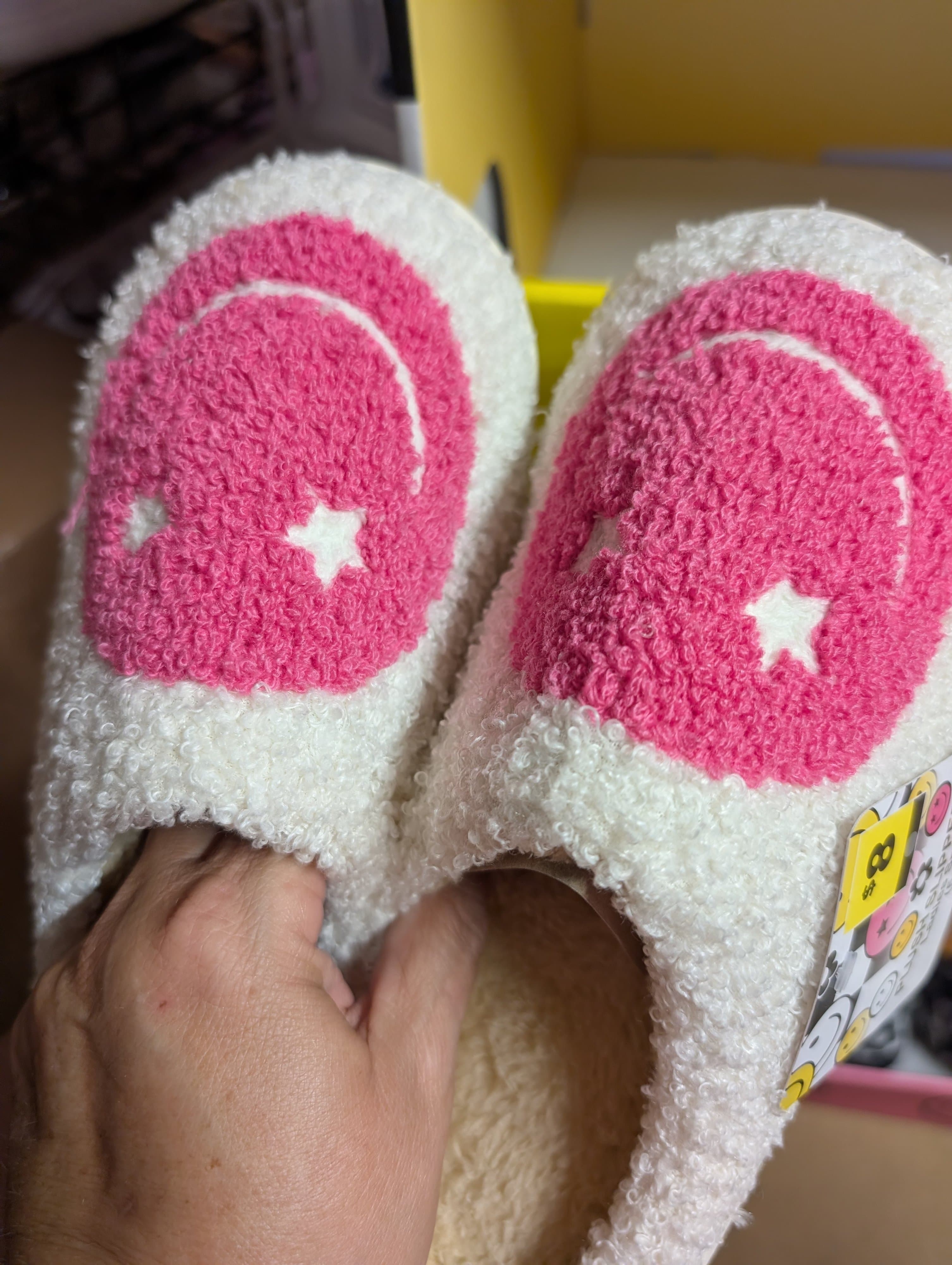 Plush Ladies Slippers Small 5-6 with Pink Smiley Design - Thumbnail 3