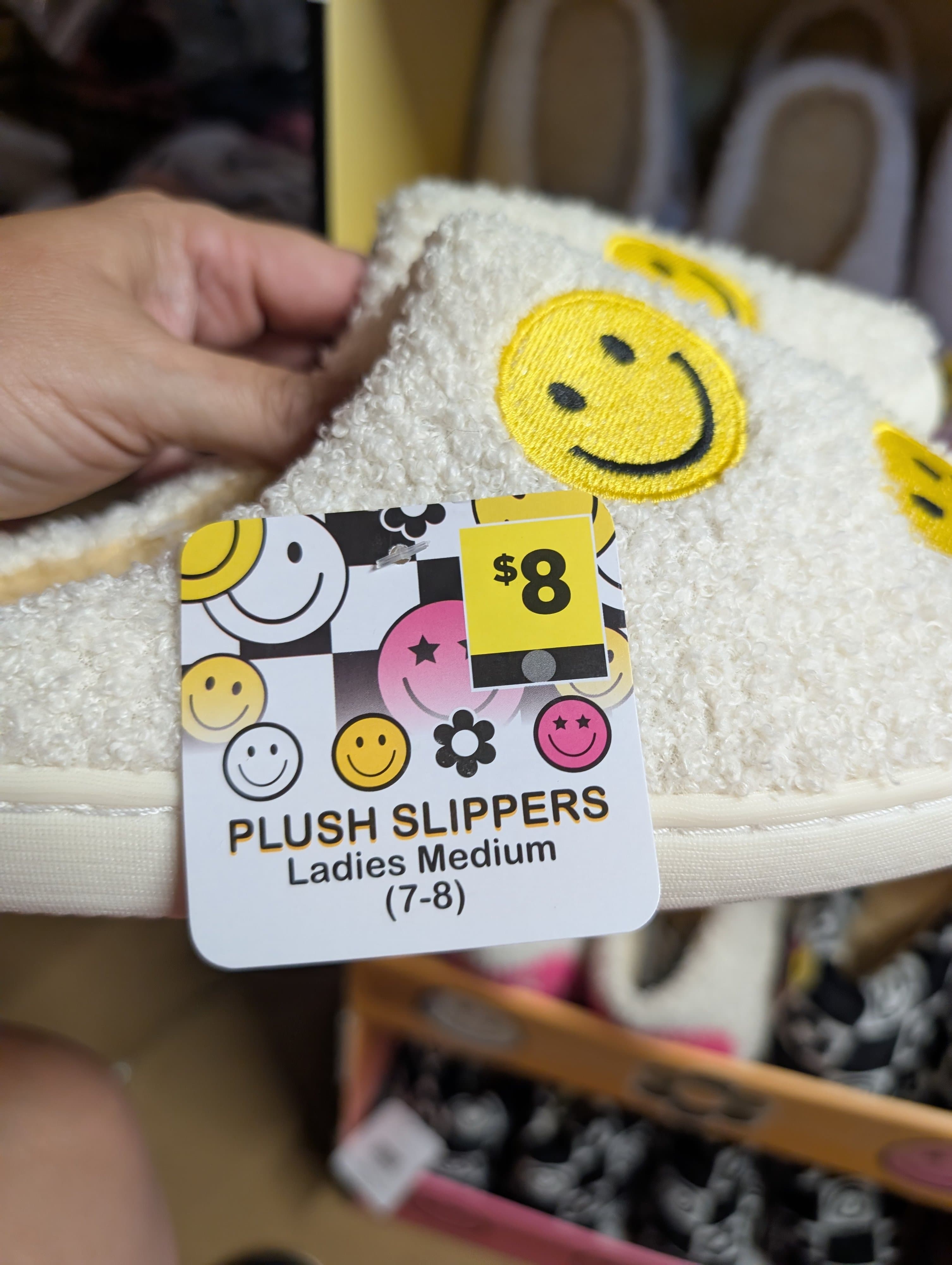 Plush Ladies Slippers Medium 7-8 with Smiley Face Design - Thumbnail 3