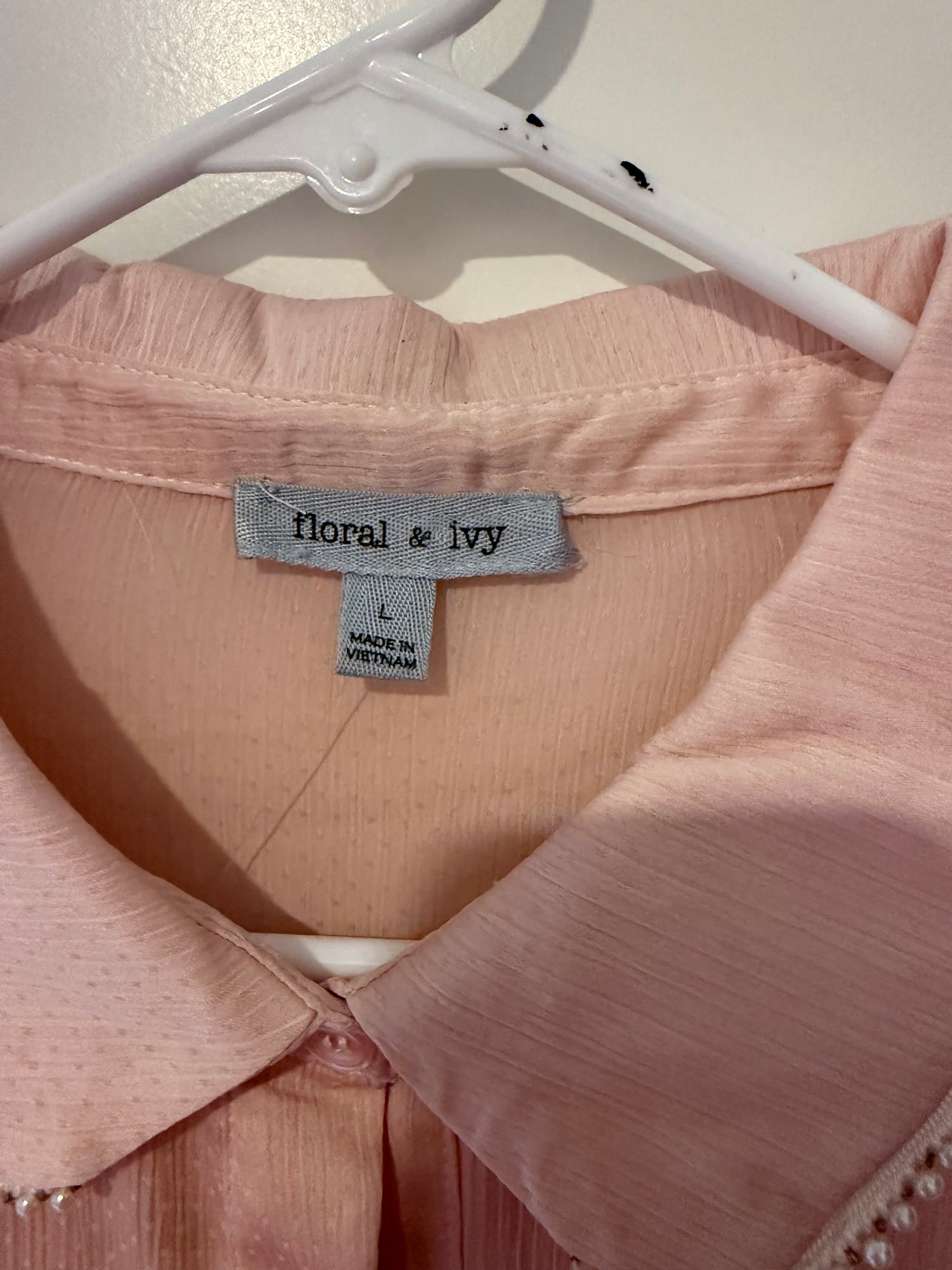 Floral & Ivy Pink Blouse with Tie Sleeves, Size L - Thumbnail 3