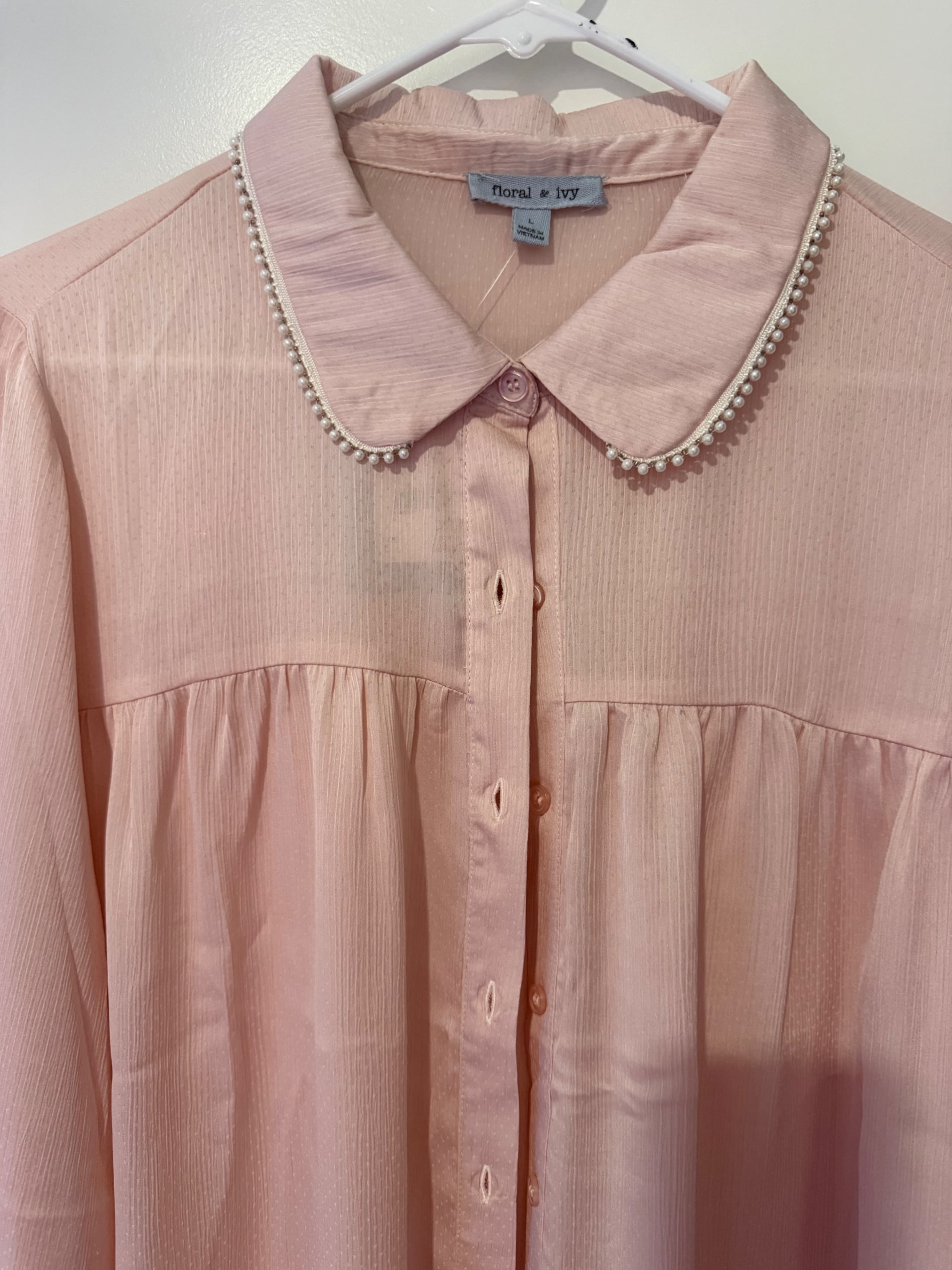 Floral & Ivy Pink Blouse with Tie Sleeves, Size L - Thumbnail 4