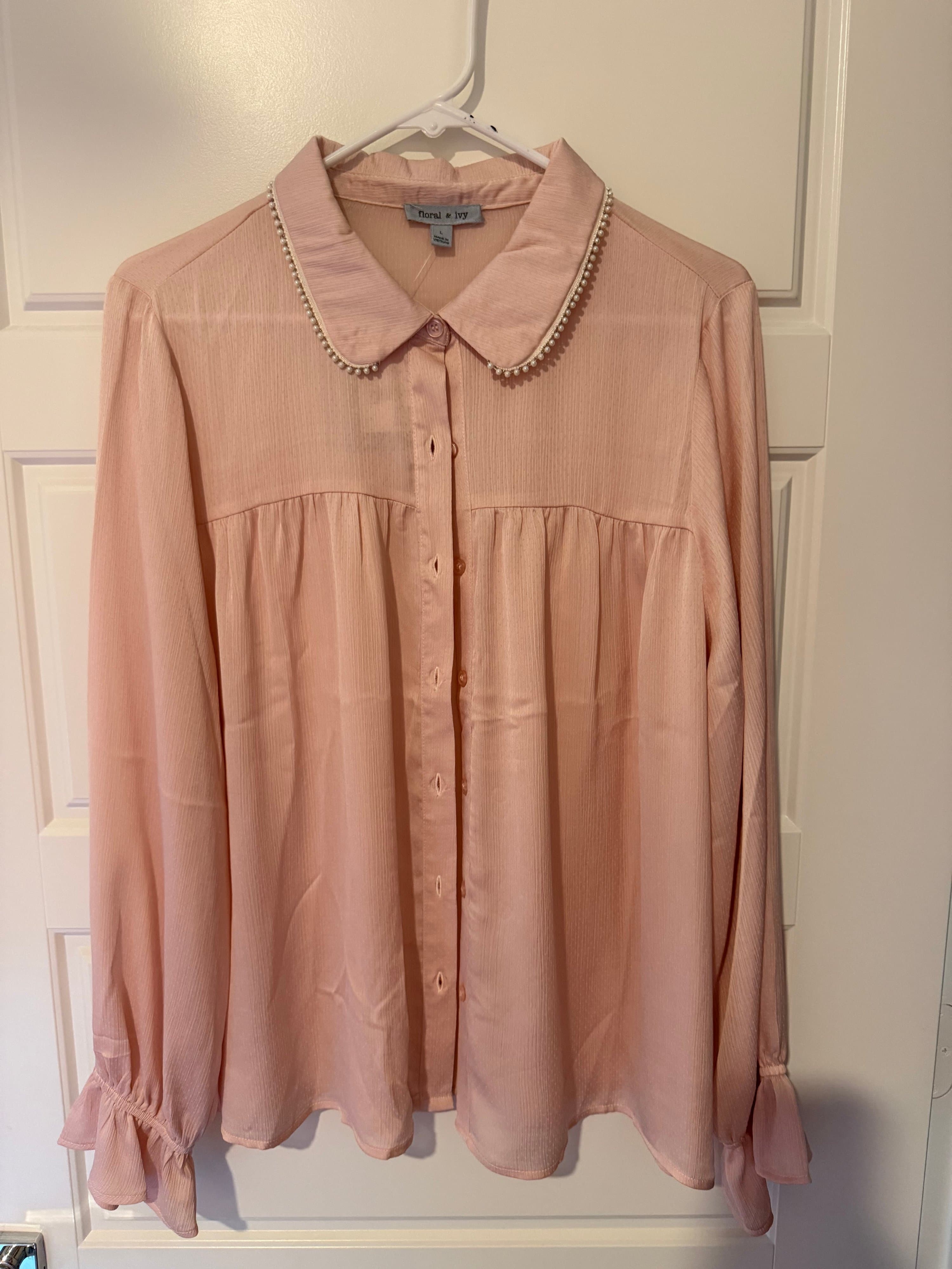 Floral & Ivy Pink Blouse with Tie Sleeves, Size L