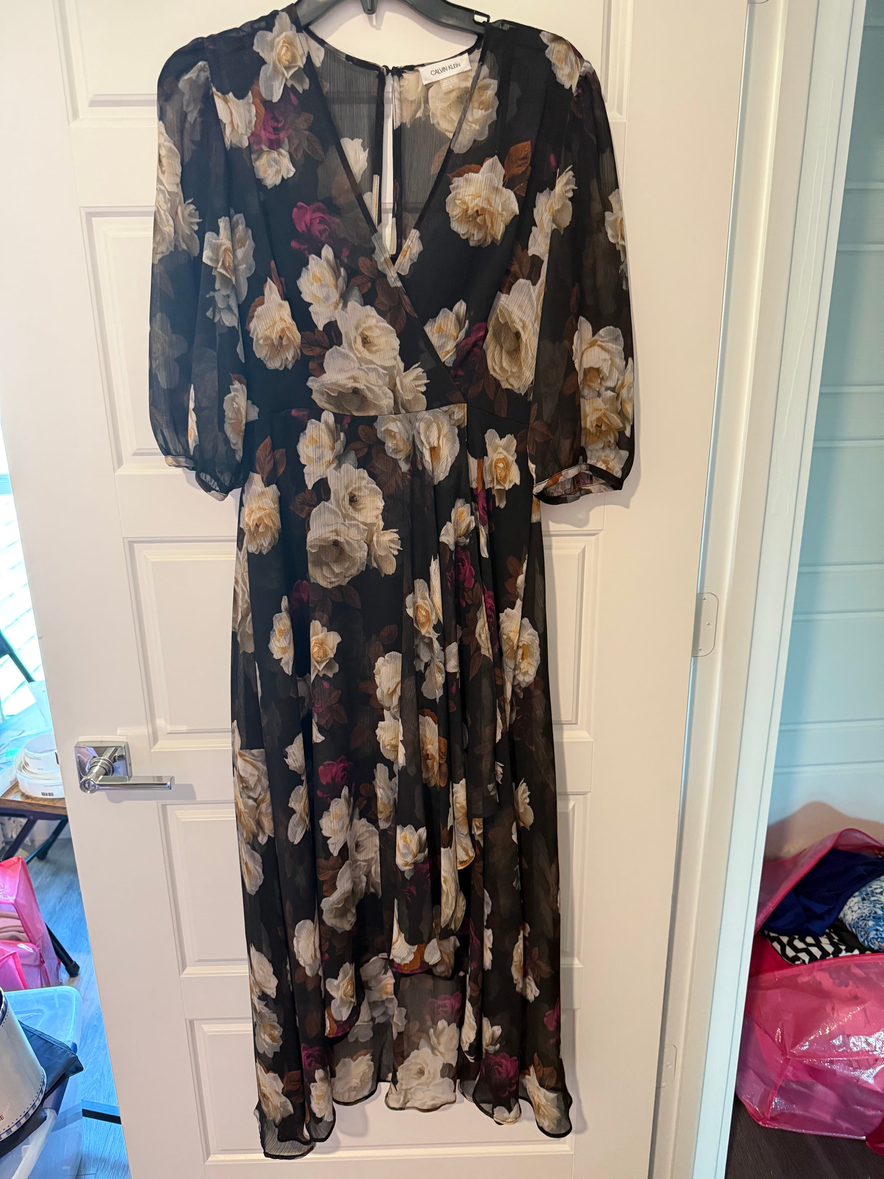 Calvin Klein Floral Maxi Dress with Sheer Sleeves size 6