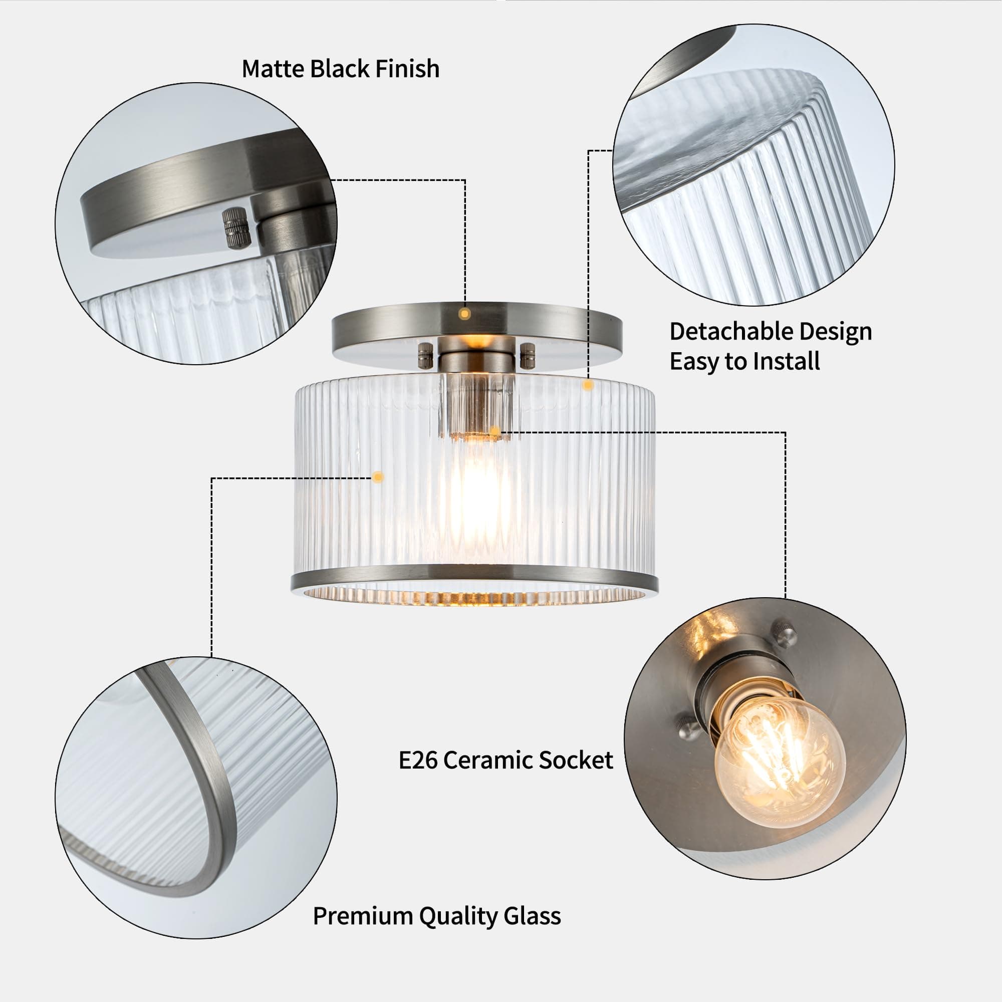 Zlepmlla Glass Ceiling Light, Clear Ribbed Glass Ceiling Light Fixture with Nickel Metal Frame, Modern Semi Flush Mount Ceiling Light for Hallway, Entryway, Bedroom, Bathroom, Kitchen - Thumbnail 2