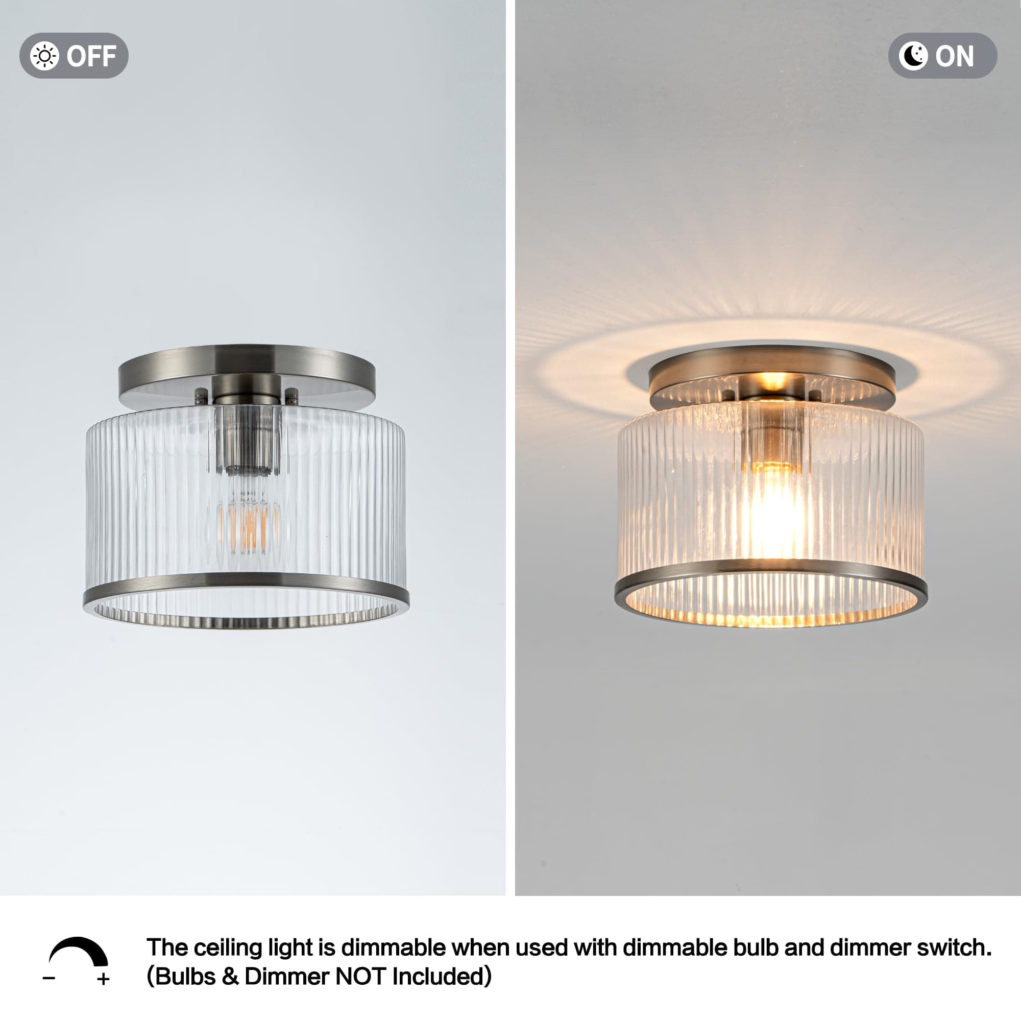 Zlepmlla Glass Ceiling Light, Clear Ribbed Glass Ceiling Light Fixture with Nickel Metal Frame, Modern Semi Flush Mount Ceiling Light for Hallway, Entryway, Bedroom, Bathroom, Kitchen - Thumbnail 3