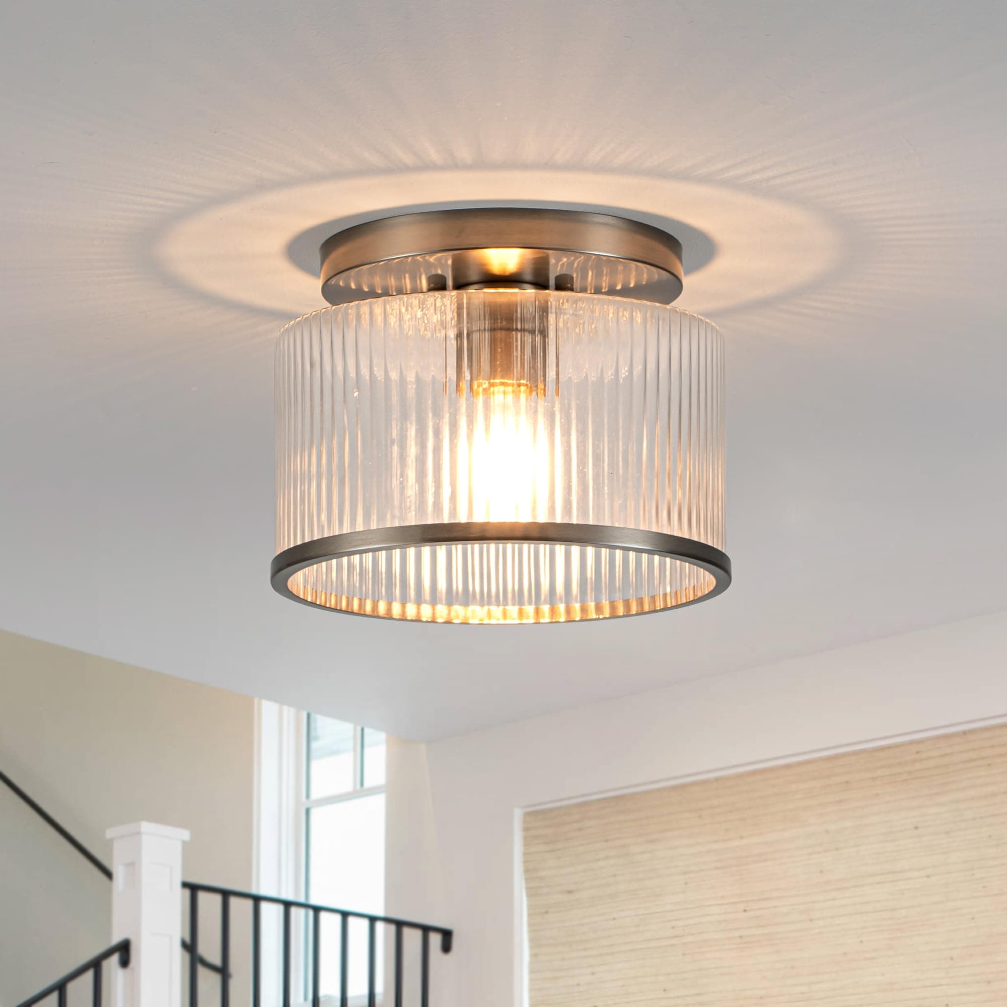 Zlepmlla Glass Ceiling Light, Clear Ribbed Glass Ceiling Light Fixture with Nickel Metal Frame, Modern Semi Flush Mount Ceiling Light for Hallway, Entryway, Bedroom, Bathroom, Kitchen - Thumbnail 6