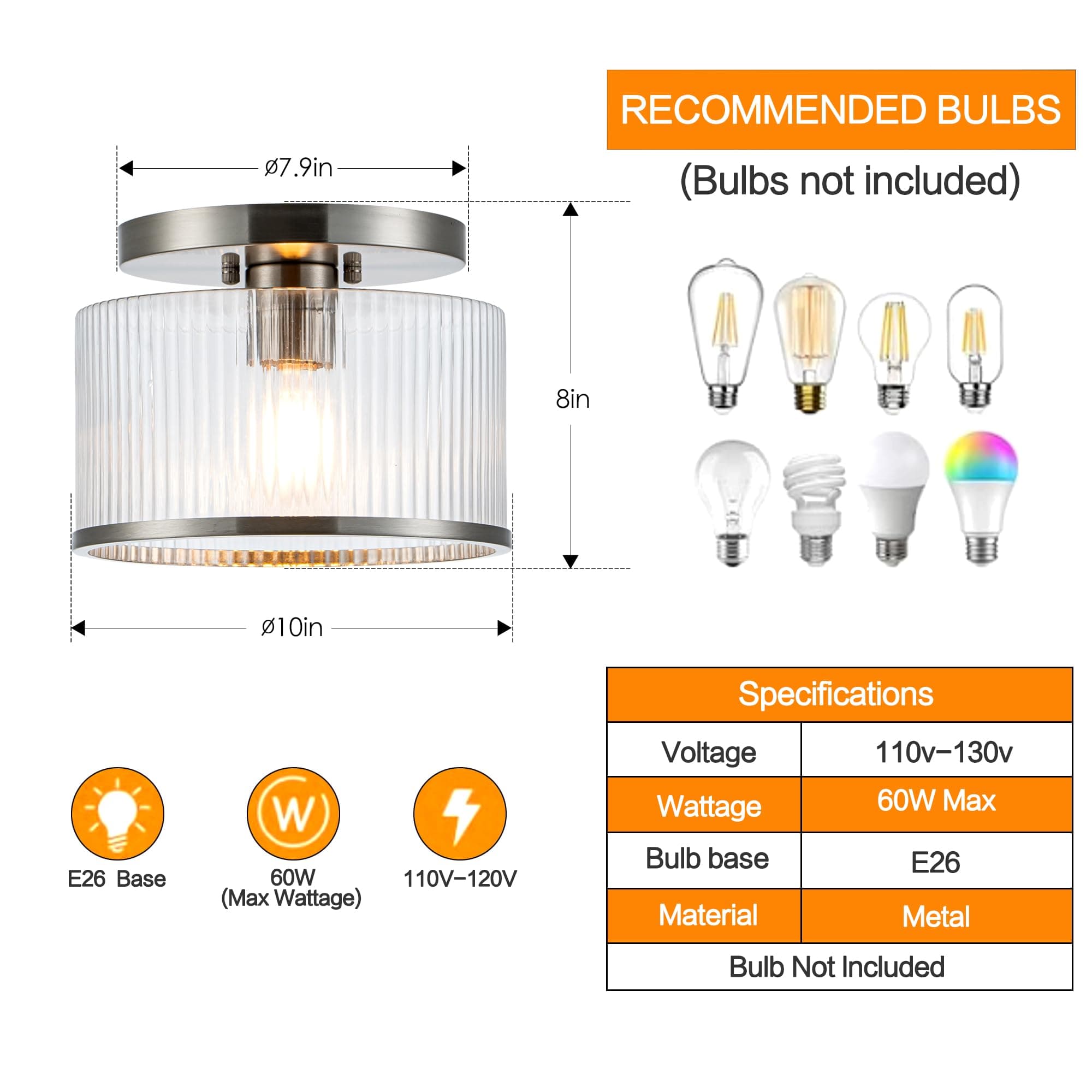 Zlepmlla Glass Ceiling Light, Clear Ribbed Glass Ceiling Light Fixture with Nickel Metal Frame, Modern Semi Flush Mount Ceiling Light for Hallway, Entryway, Bedroom, Bathroom, Kitchen - Thumbnail 7