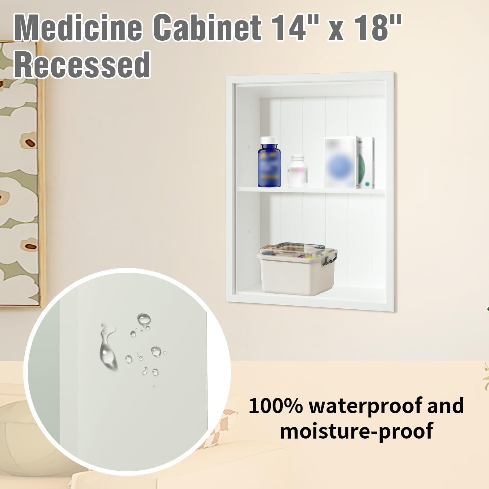 White Recessed Medicine Cabinet 14x18 Waterproof - Thumbnail 2
