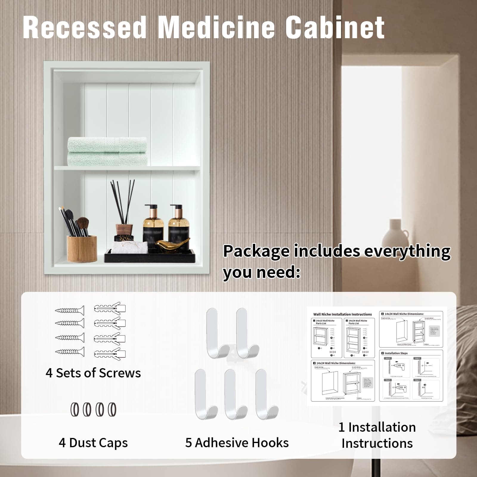 White Recessed Medicine Cabinet 14x18 Waterproof - Thumbnail 6