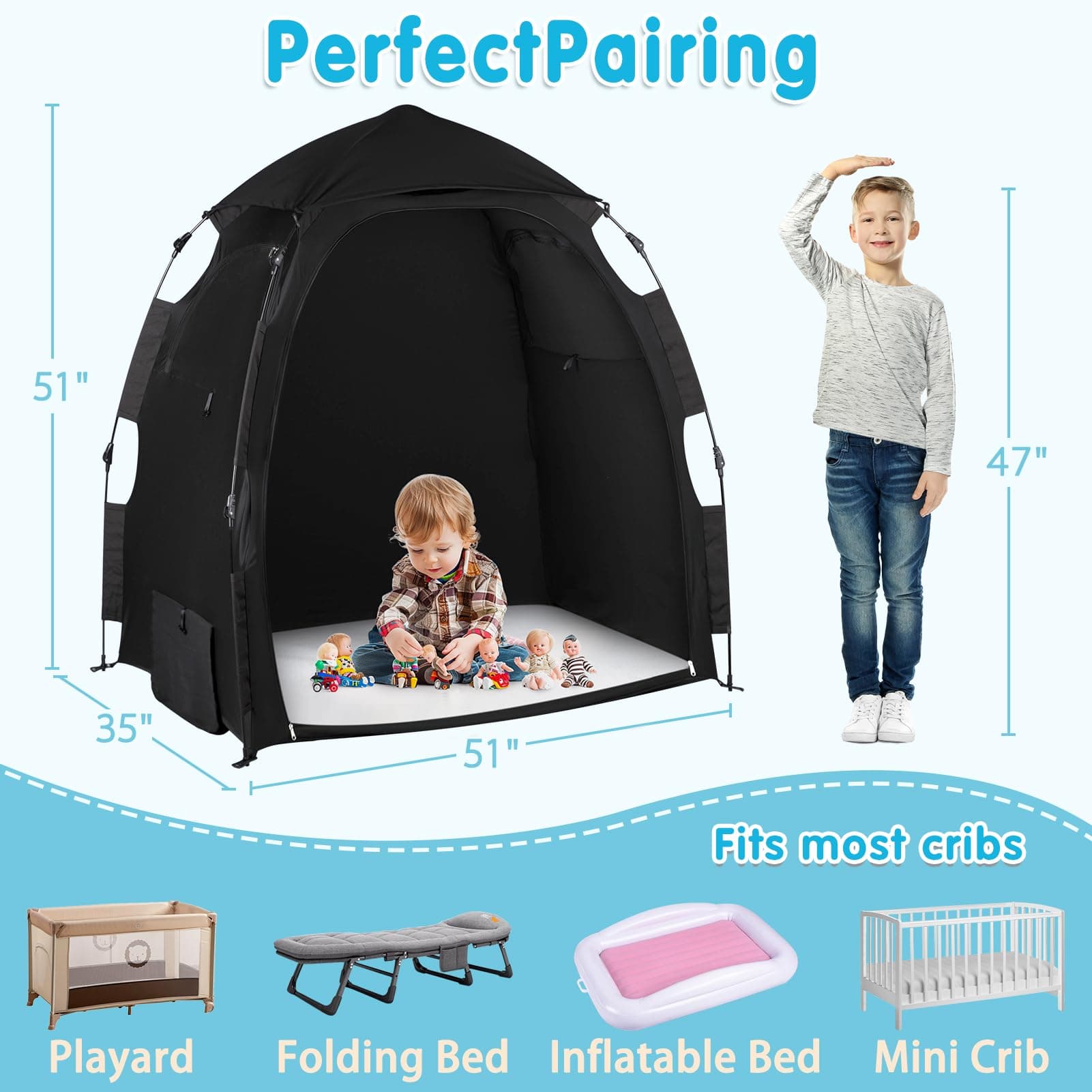 Pack N Play Blackout Cover Sleep Pod - Baby Sleep Tent 1-Click Set Up Portable, Crib Blackout Canopy Cover Block 95% Light Suitable for Babies and Toddlers - Thumbnail 7