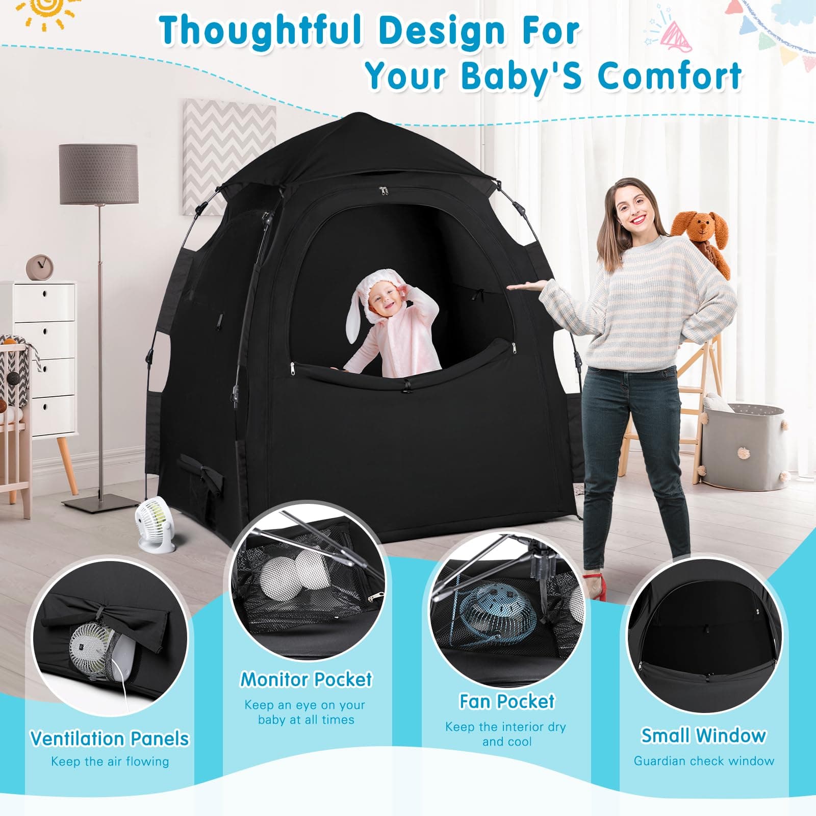 Pack N Play Blackout Cover Sleep Pod - Baby Sleep Tent 1-Click Set Up Portable, Crib Blackout Canopy Cover Block 95% Light Suitable for Babies and Toddlers - Thumbnail 9