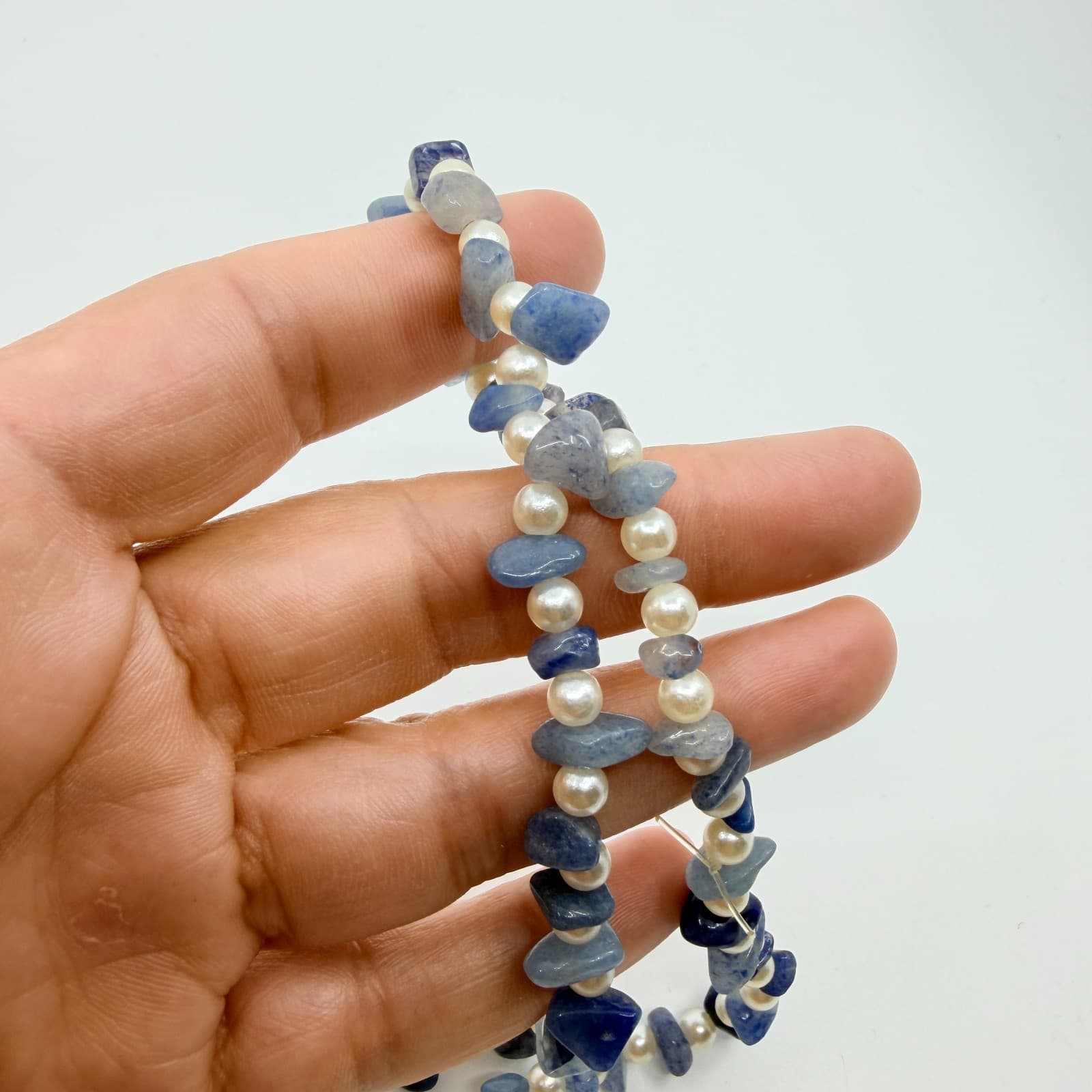 Vintage Blue Stone Chip Necklace Faux Pearl Beaded Statement Boho Y2K 90s Retro - Thumbnail 7