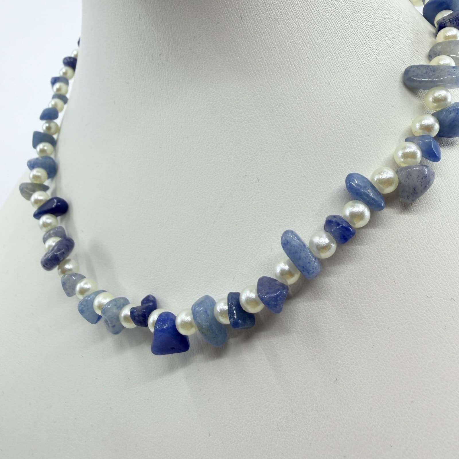 Vintage Blue Stone Chip Necklace Faux Pearl Beaded Statement Boho Y2K 90s Retro - Thumbnail 4