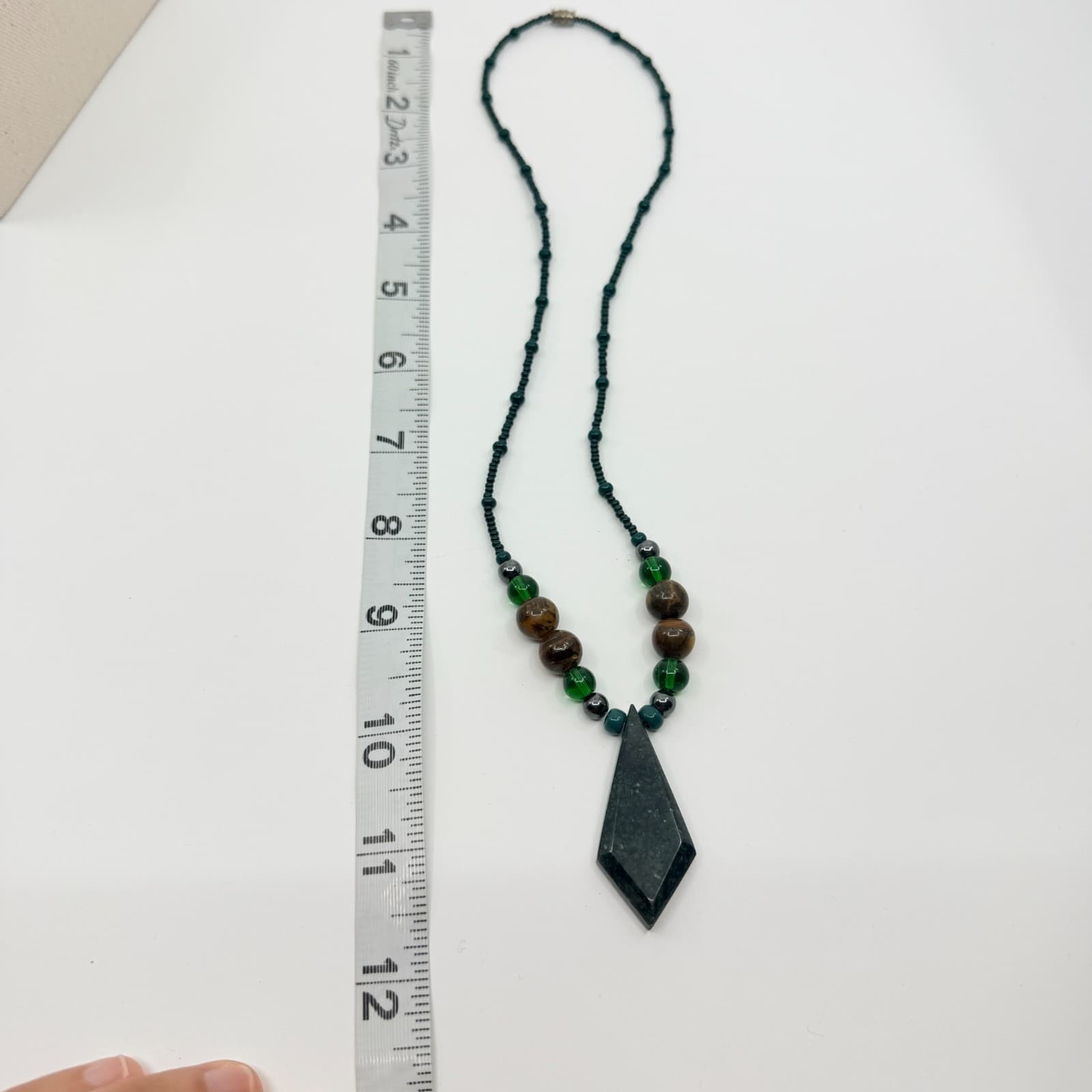 Vintage Green Brown Stone Necklace Geometric Pendant Boho Seed Bead Statement - Thumbnail 9