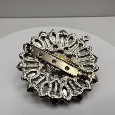 Vintage 90s Silver Tone Faux Pearl Rhinestone Floral Brooch Pendant Estate - Thumbnail 5