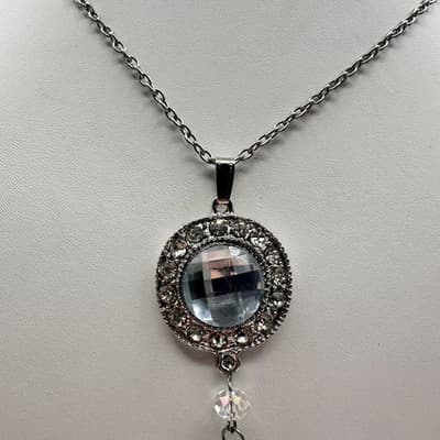 Vintage 90s Clear Crystal Pendant Tassel Necklace Silver Tone Women's Jewelry - Thumbnail 2