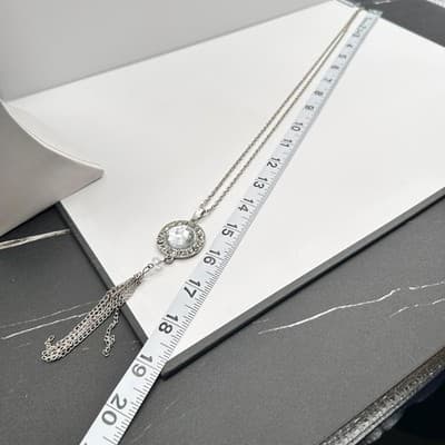 Vintage 90s Clear Crystal Pendant Tassel Necklace Silver Tone Women's Jewelry - Thumbnail 9
